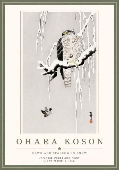 Ohara Koson Hawk and Sparrow in Snow No5 - Poster