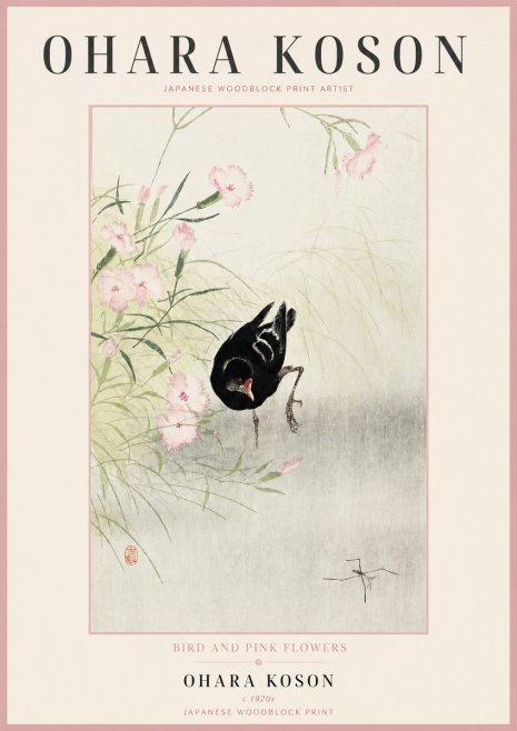 Ohara Koson Bird and Pink Flowers No2 - Poster