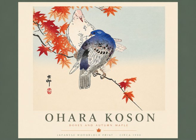 Ohara Koson Doves and Autumn Maple No4 - Poster