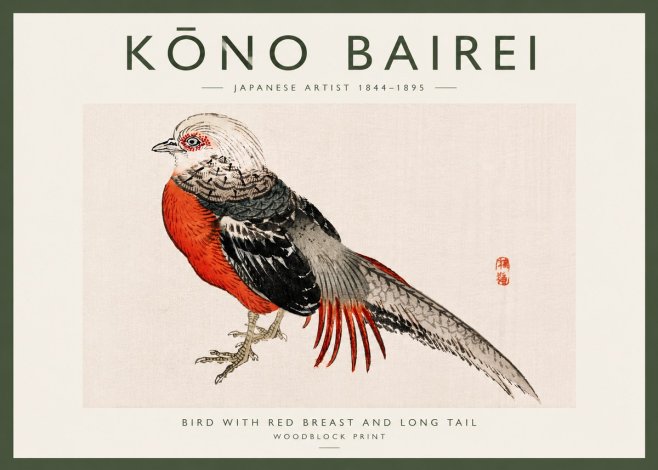 Kōno Bairei Bird with Red Breast and Long Tail No6 - Poster