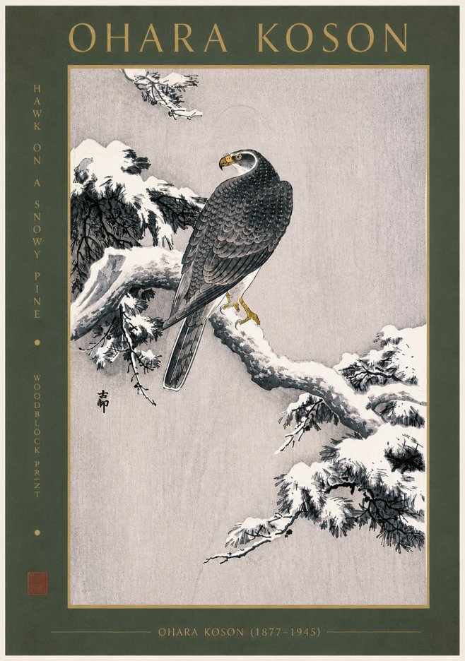 Ohara Koson Hawk on a Snowy Pine No6 - Poster