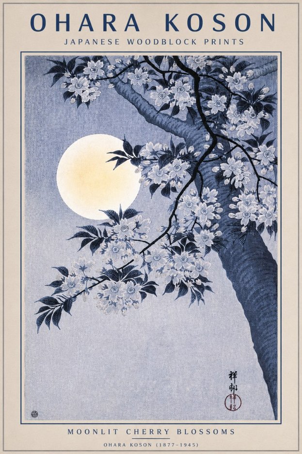 Ohara Koson Moonlit Cherry Blossoms No4 - Poster