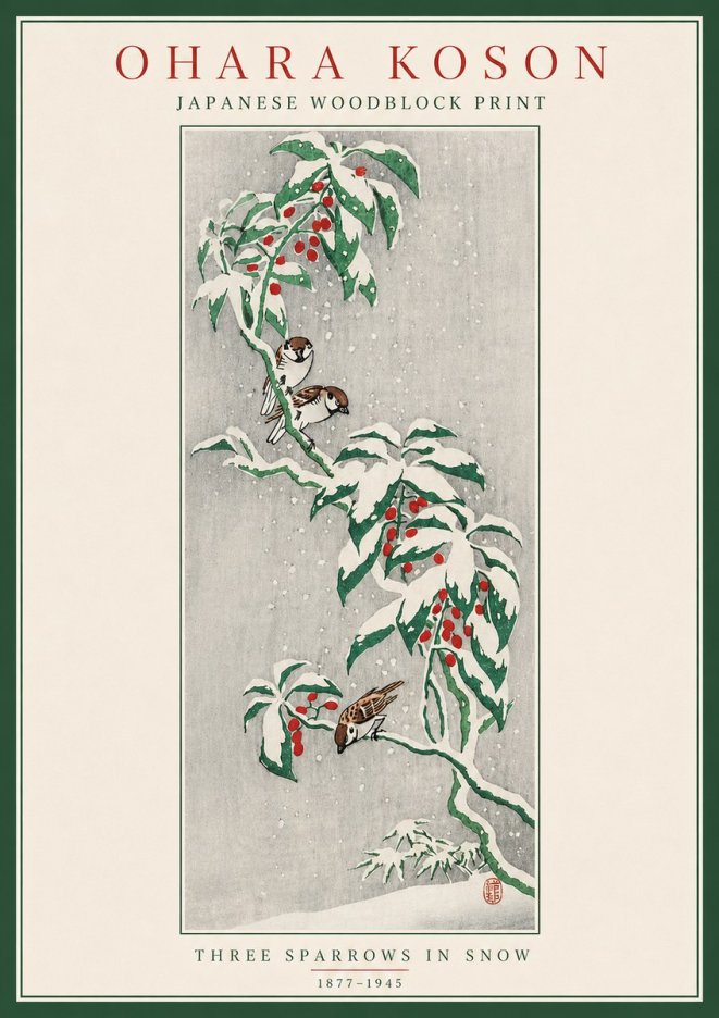 Ohara Koson Three Sparrows in Snow No5 - Poster