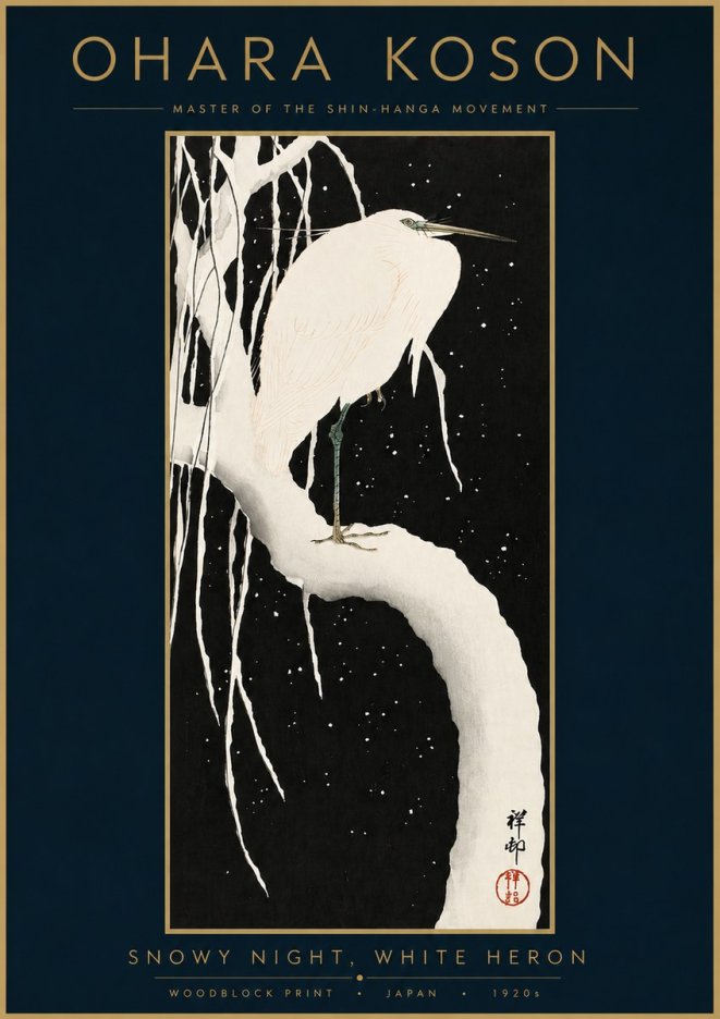 Ohara Koson Snowy Night, White Heron No3 - Poster
