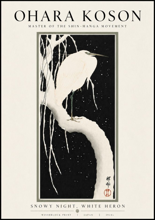 Ohara Koson Snowy Night, White Heron No4 - Poster