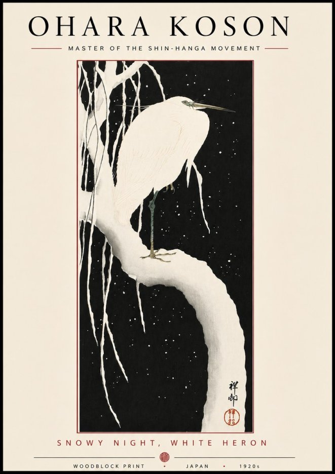 Ohara Koson Snowy Night, White Heron No5 - Poster