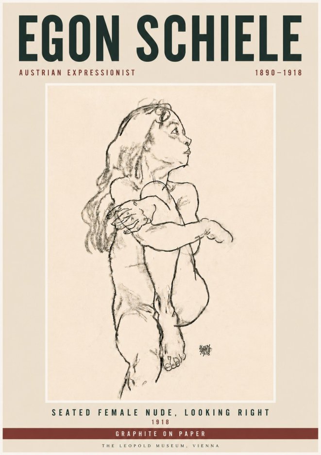 Schiele Seated Female Nude, Looking Right No6 - Poster