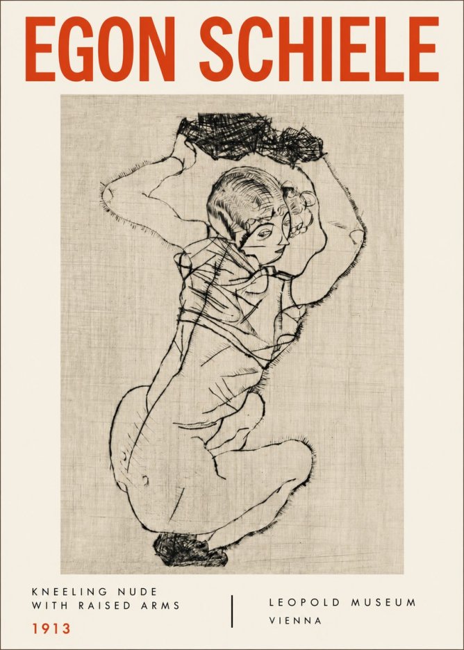 Schiele Kneeling Nude with Raised Arms No4 - Poster