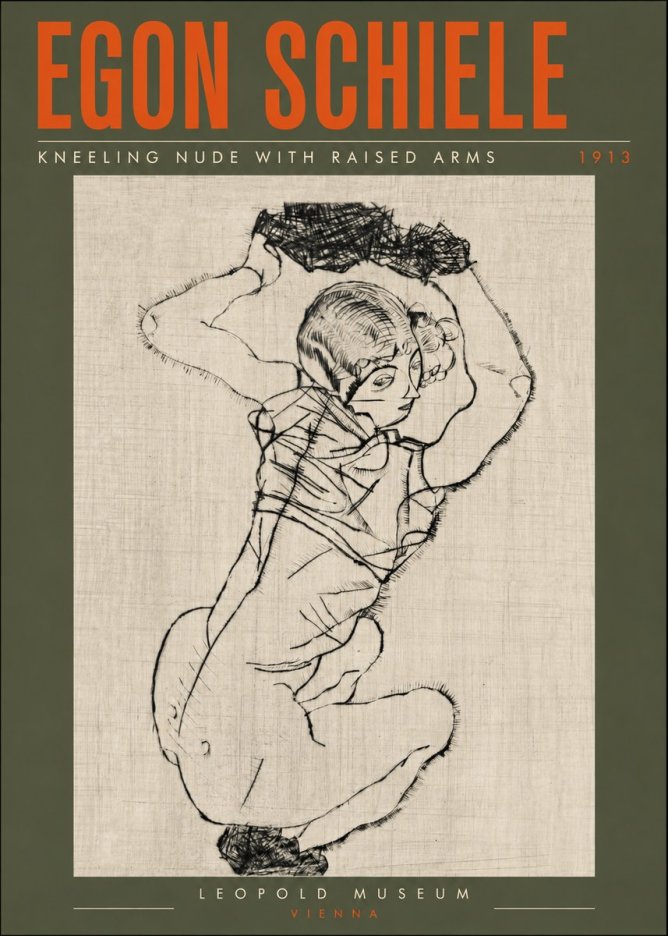 Schiele Kneeling Nude with Raised Arms No6 - Poster