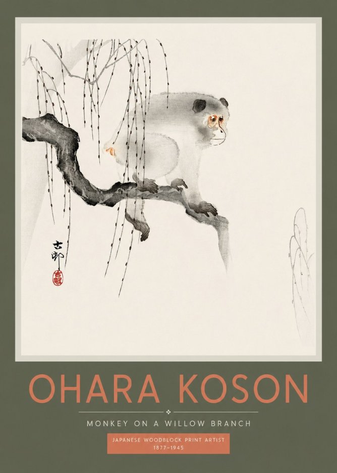 Ohara Koson Monkey on a Willow Branch No2 - Poster