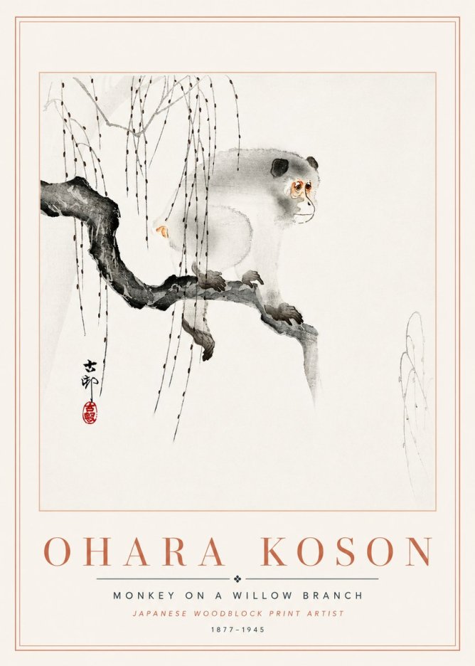 Ohara Koson Monkey on a Willow Branch No6 - Poster
