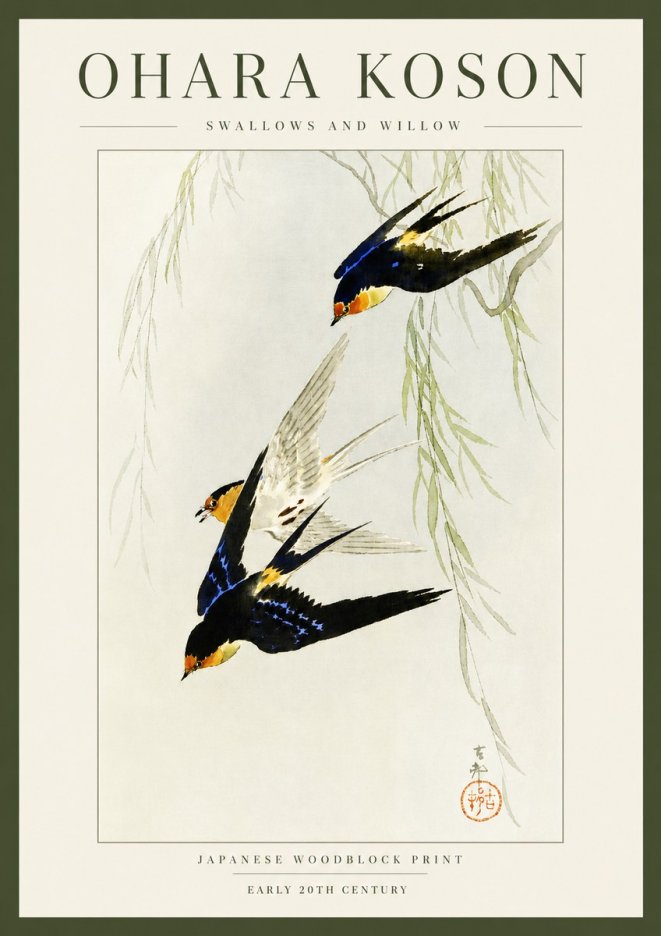 Ohara Koson Swallows and Willow I No3 - Poster