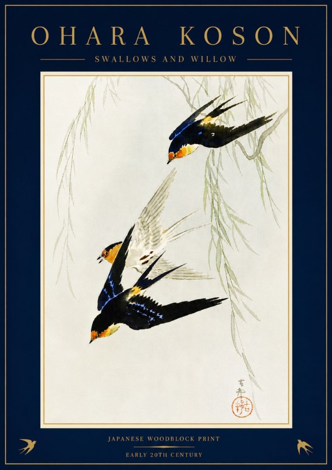 Ohara Koson Swallows and Willow I No5 - Poster
