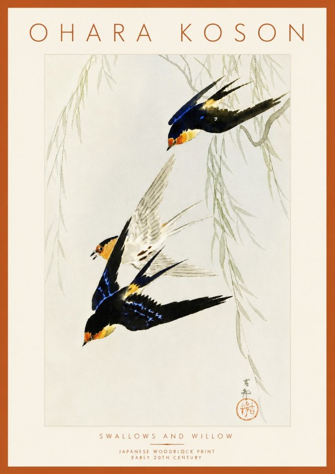 Ohara Koson Swallows and Willow I No6 - Poster