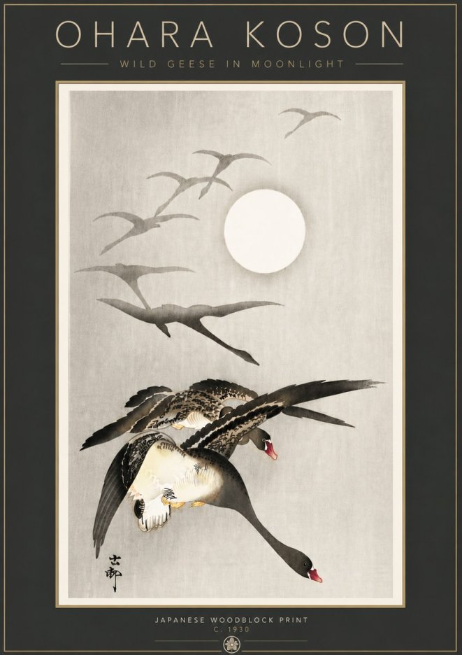 Ohara Koson Wild Geese in Moonlight I No6 - Poster