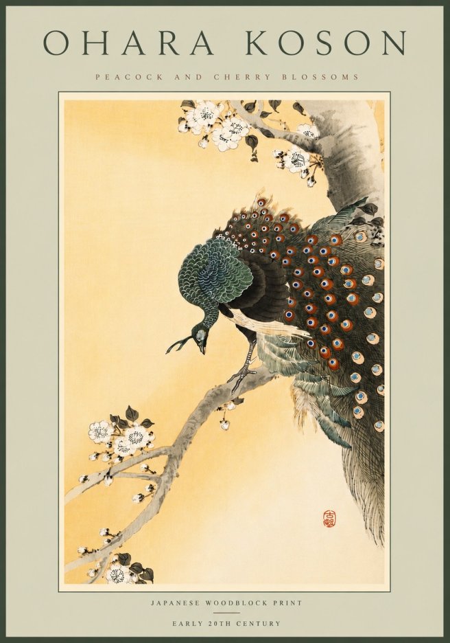 Ohara Koson Peacock and Cherry Blossoms No6 - Poster