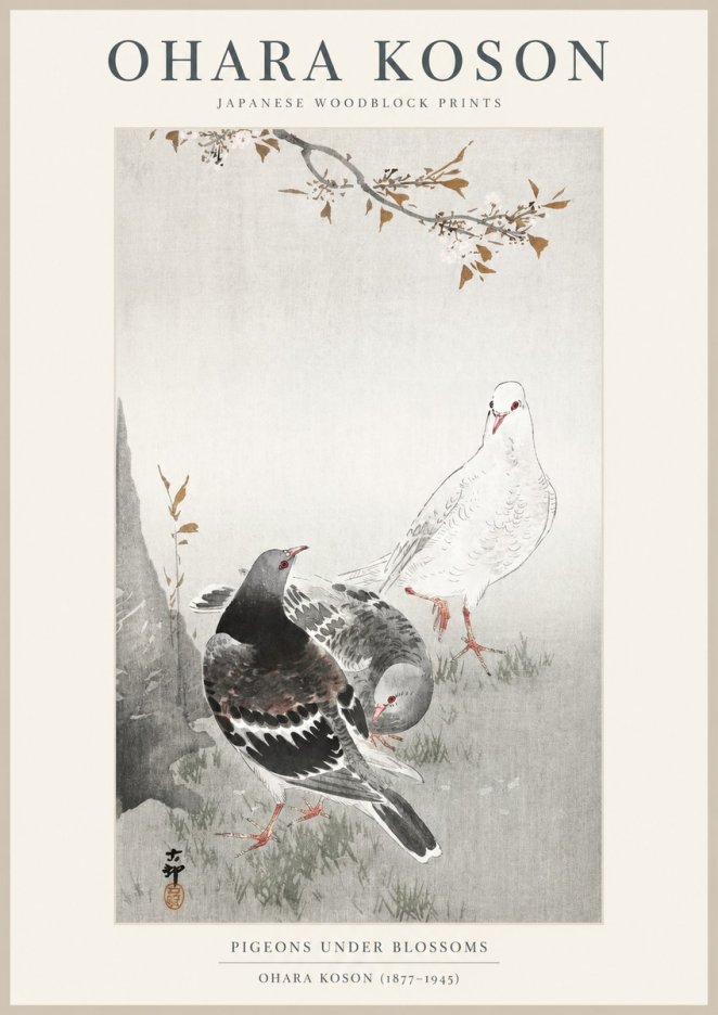 Ohara Koson Pigeons Under Blossoms No1 - Poster