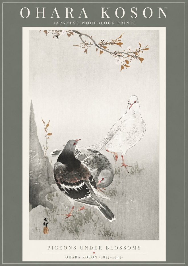 Ohara Koson Pigeons Under Blossoms No2 - Poster