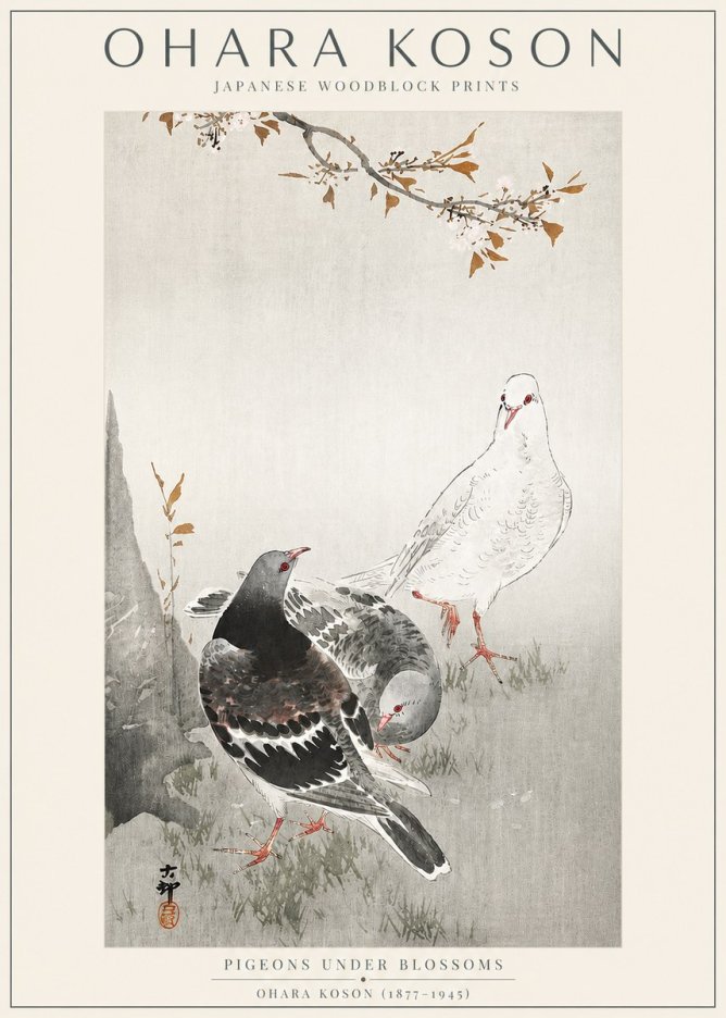 Ohara Koson Pigeons Under Blossoms No3 - Poster