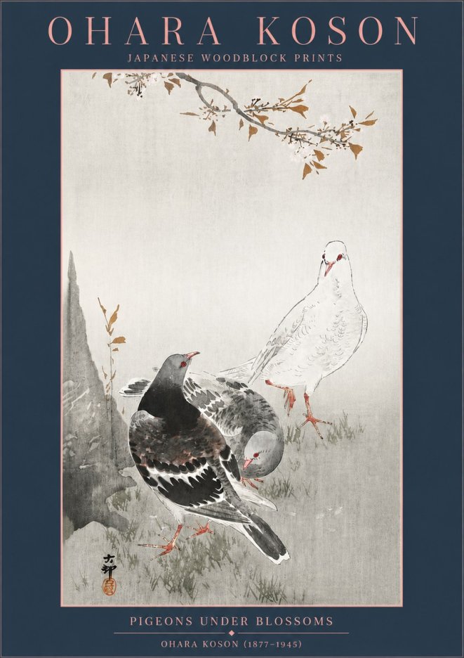 Ohara Koson Pigeons Under Blossoms No4 - Poster
