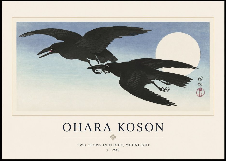 Ohara Koson Two Crows in Flight, Moonlight No1 - Poster