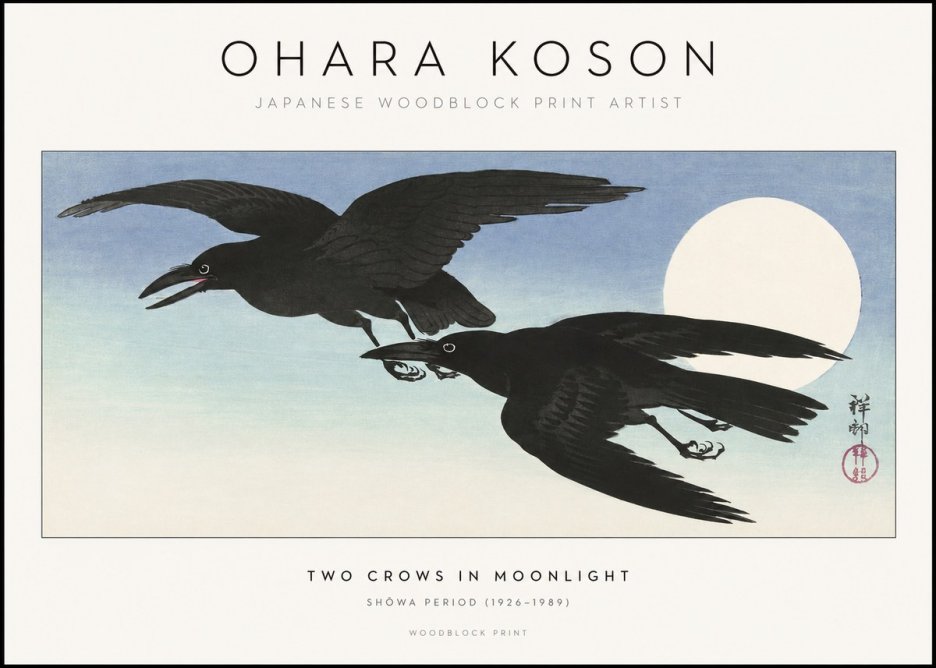 Ohara Koson Two Crows in Flight, Moonlight No2 - Poster