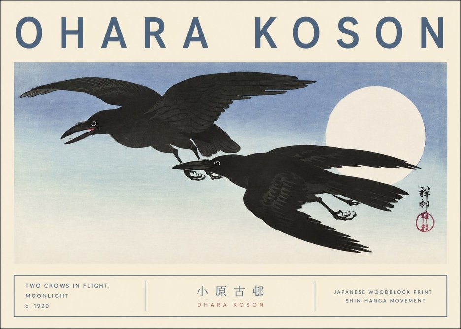 Ohara Koson Two Crows in Flight, Moonlight No3 - Poster