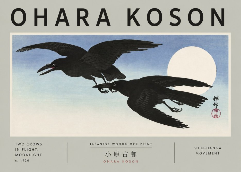 Ohara Koson Two Crows in Flight, Moonlight No5 - Poster