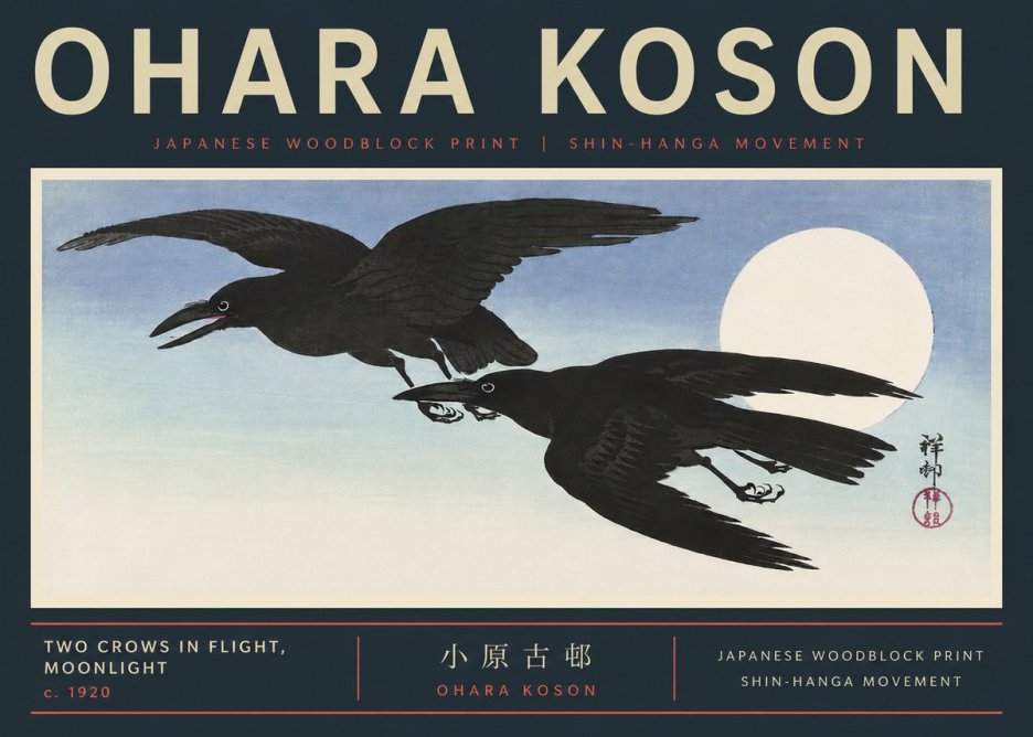 Ohara Koson Two Crows in Flight, Moonlight No6 - Poster