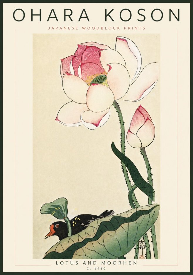 Ohara Koson Lotus and Moorhen No6 - Poster