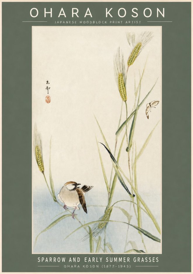 Ohara Koson Sparrow and Early Summer Grasses No2 - Poster