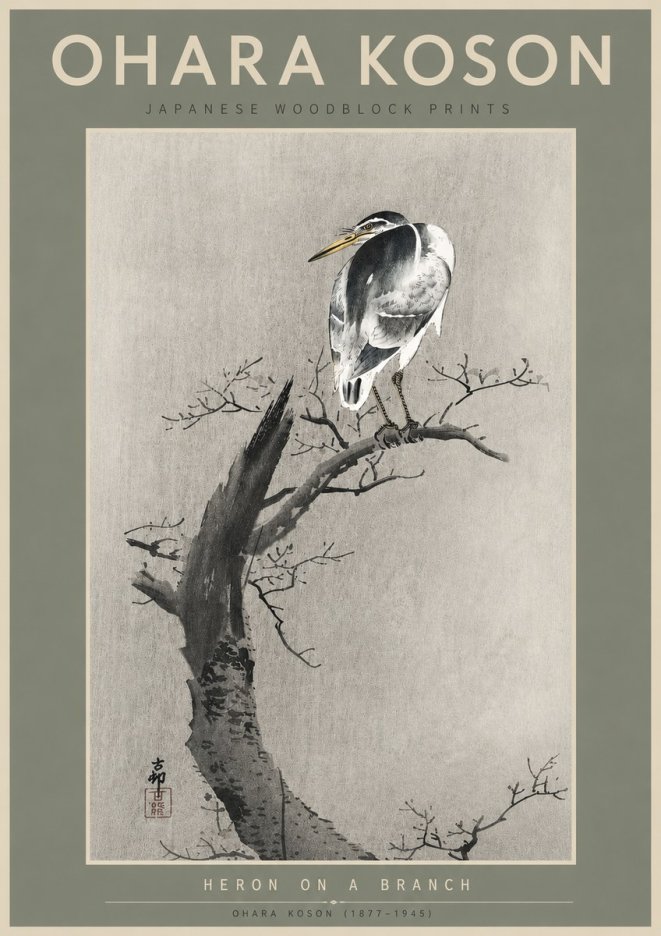 Ohara Koson Heron on a Branch No6 - Poster