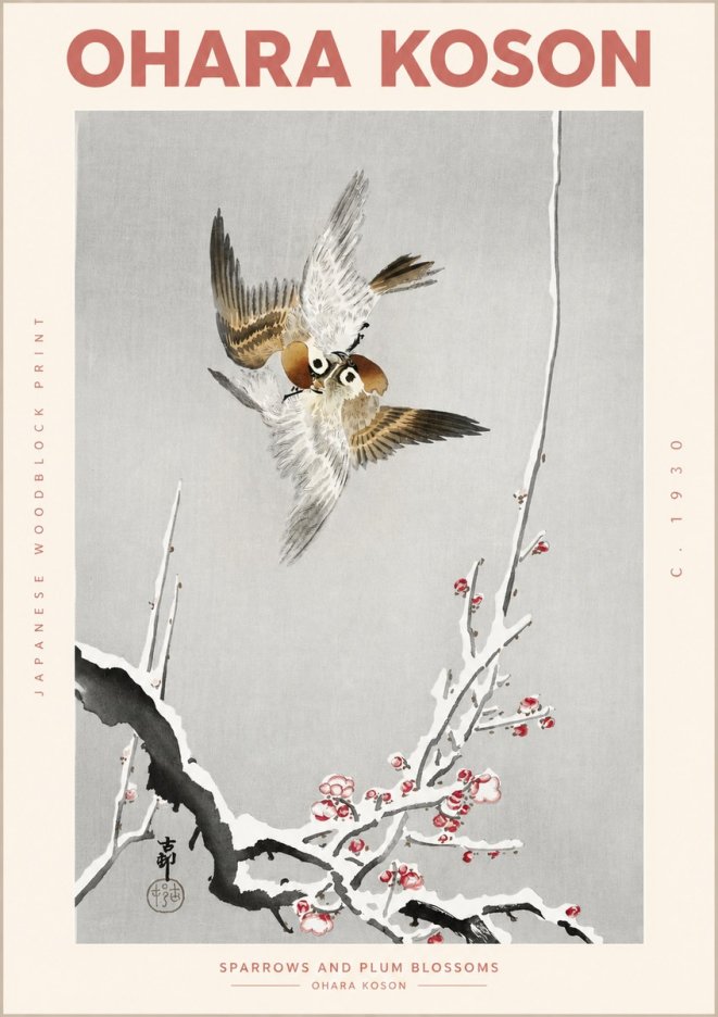 Ohara Koson Sparrows and Plum Blossoms No2 - Poster