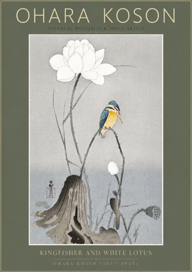 Ohara Koson Kingfisher and White Lotus No5 - Poster