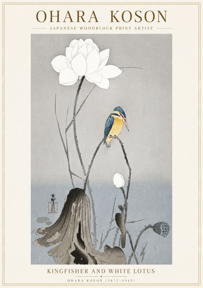 Ohara Koson Kingfisher and White Lotus No6 - Poster