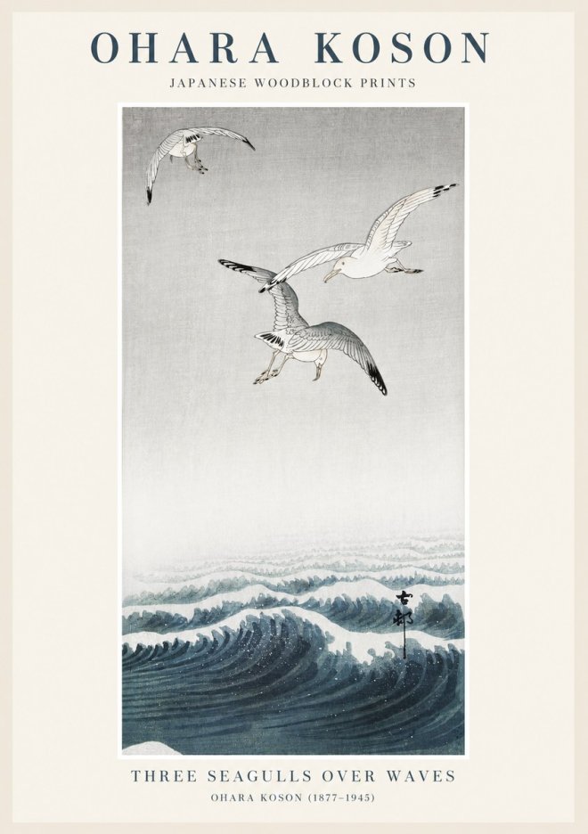 Ohara Koson Three Seagulls over Waves No1 - Poster