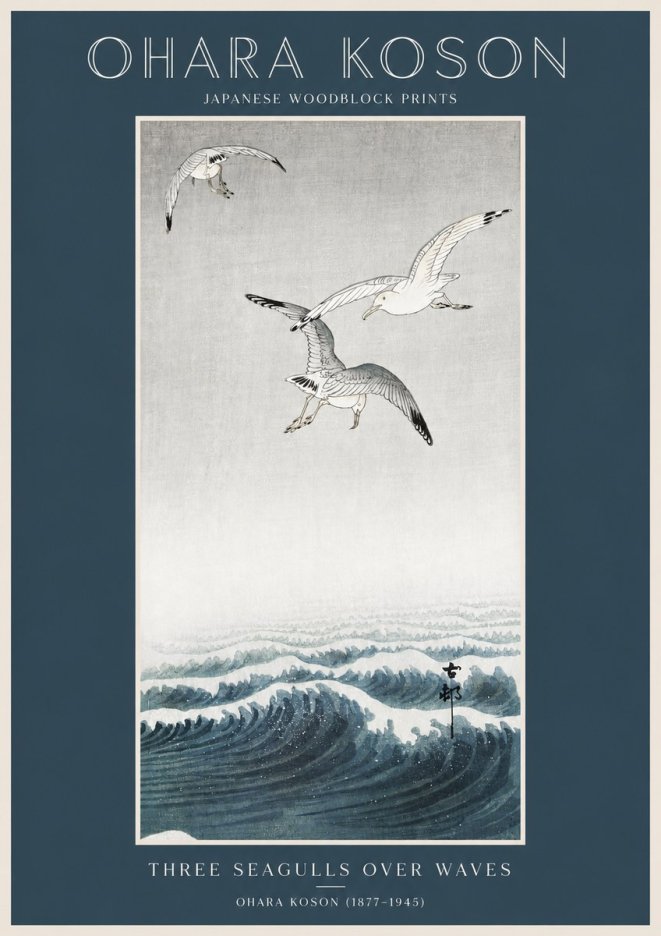 Ohara Koson Three Seagulls over Waves No2 - Poster