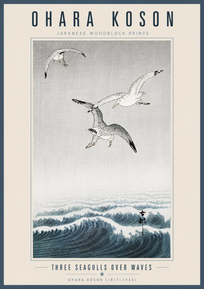 Ohara Koson Three Seagulls over Waves No5 - Poster
