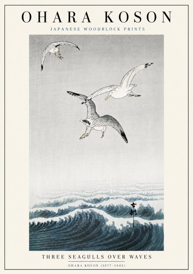 Ohara Koson Three Seagulls over Waves No6 - Poster