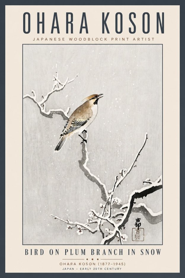 Ohara Koson Bird on Plum Branch in Snow No5 - Poster