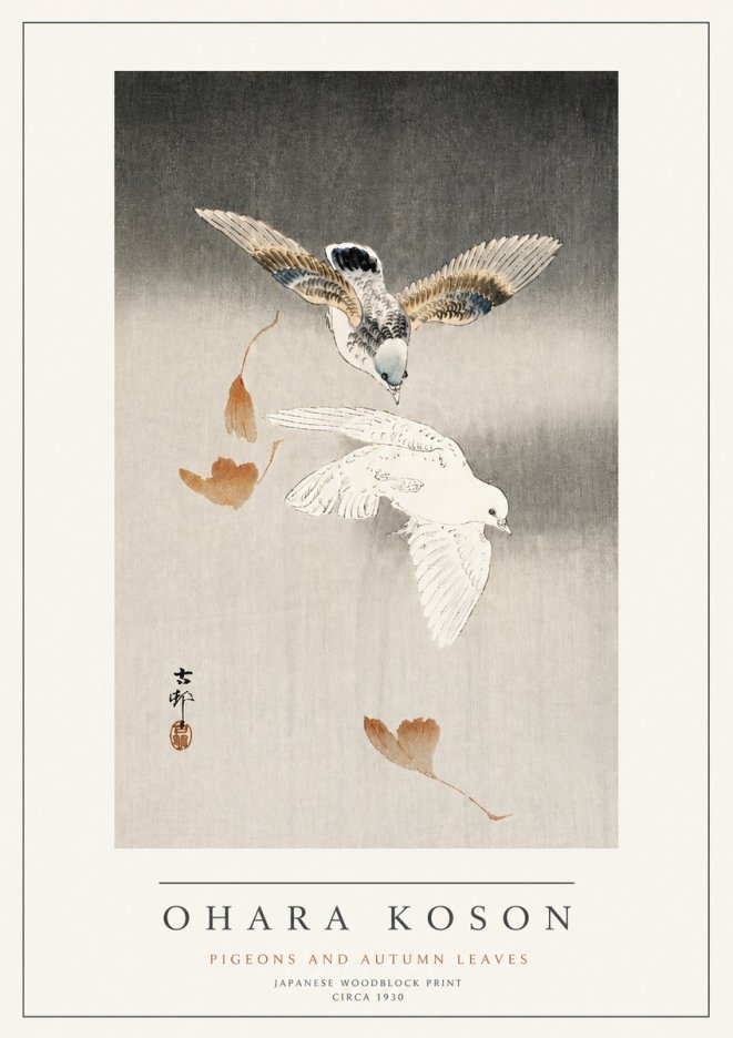 Ohara Koson Pigeons and Autumn Leaves No4 - Poster
