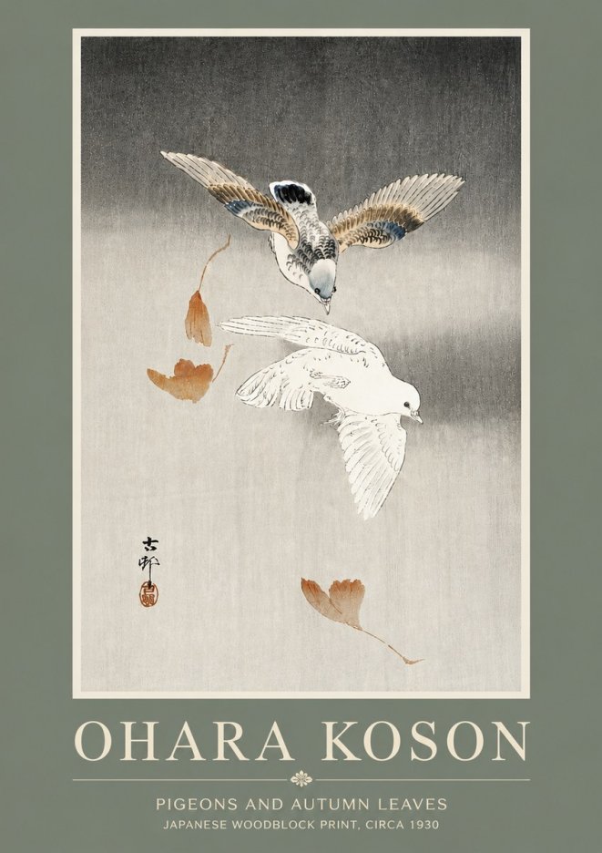 Ohara Koson Pigeons and Autumn Leaves No5 - Poster