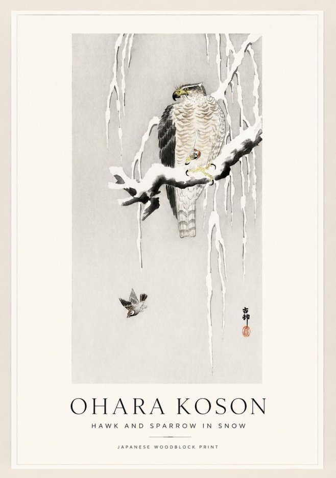 Ohara Koson Hawk and Sparrow in Snow No1 - Poster
