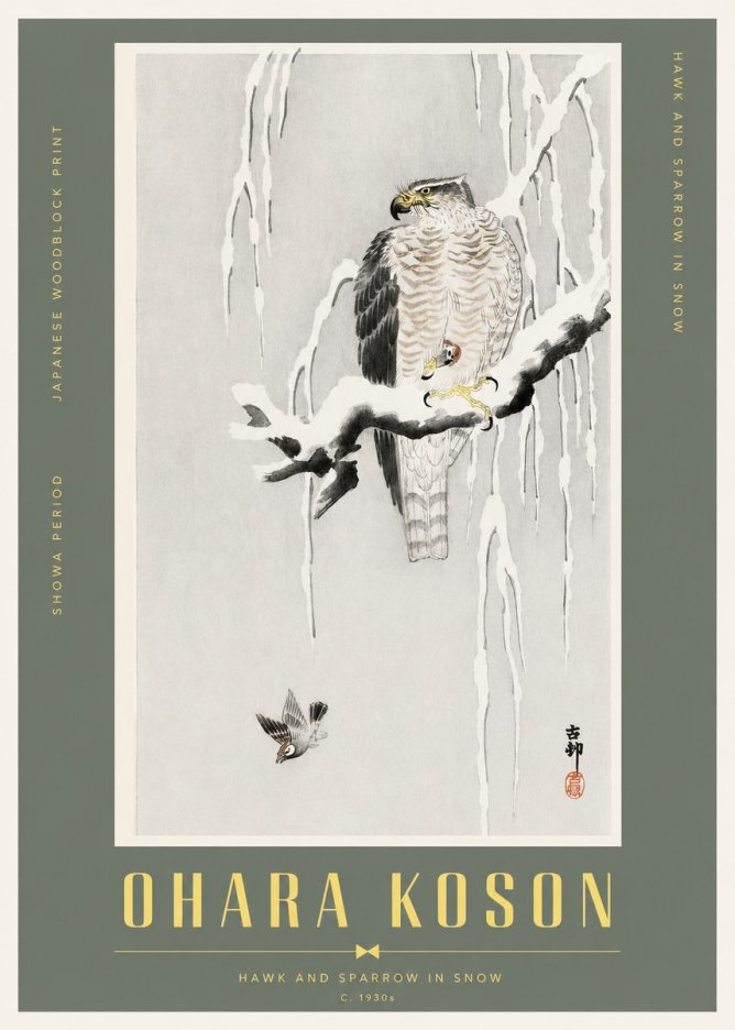 Ohara Koson Hawk and Sparrow in Snow No2 - Poster