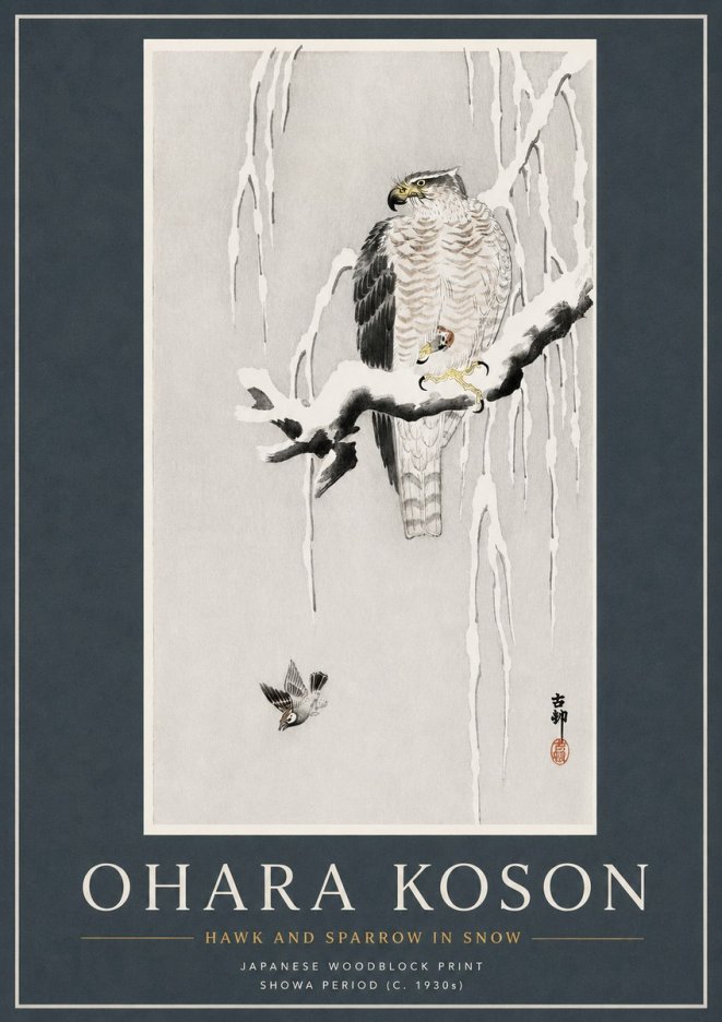 Ohara Koson Hawk and Sparrow in Snow No3 - Poster