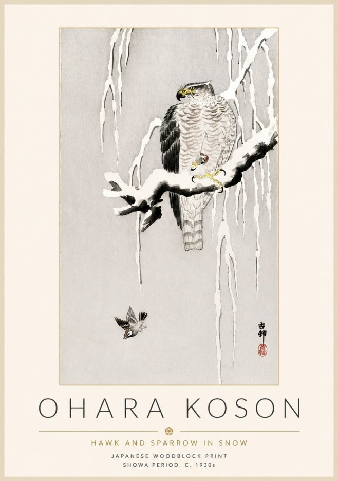 Ohara Koson Hawk and Sparrow in Snow No4 - Poster