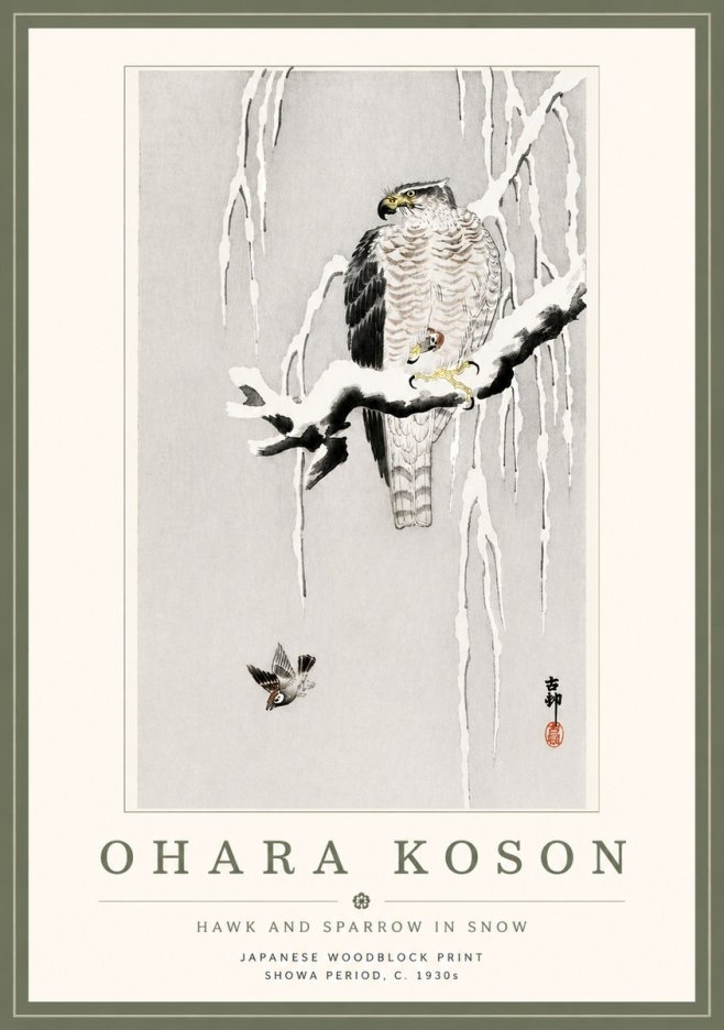 Ohara Koson Hawk and Sparrow in Snow No5 - Poster