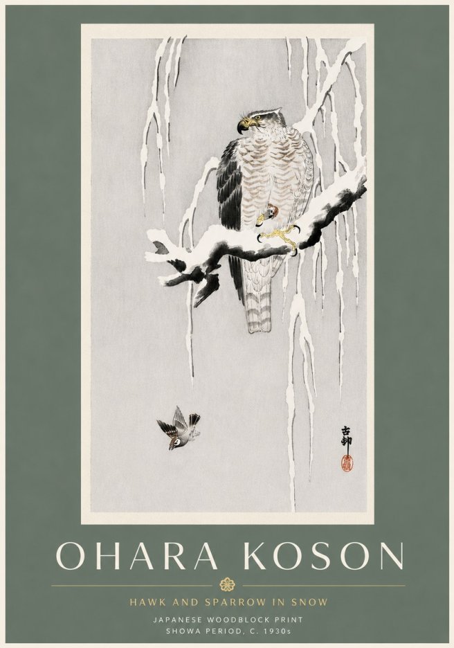 Ohara Koson Hawk and Sparrow in Snow No6 - Poster