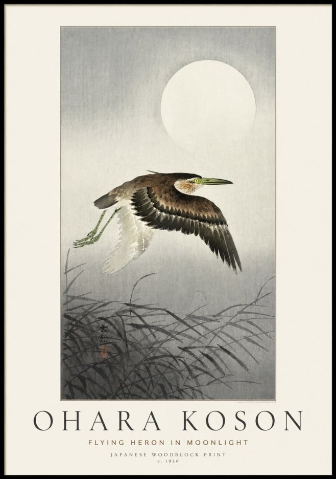 Ohara Koson Flying Heron in Moonlight No1 - Poster