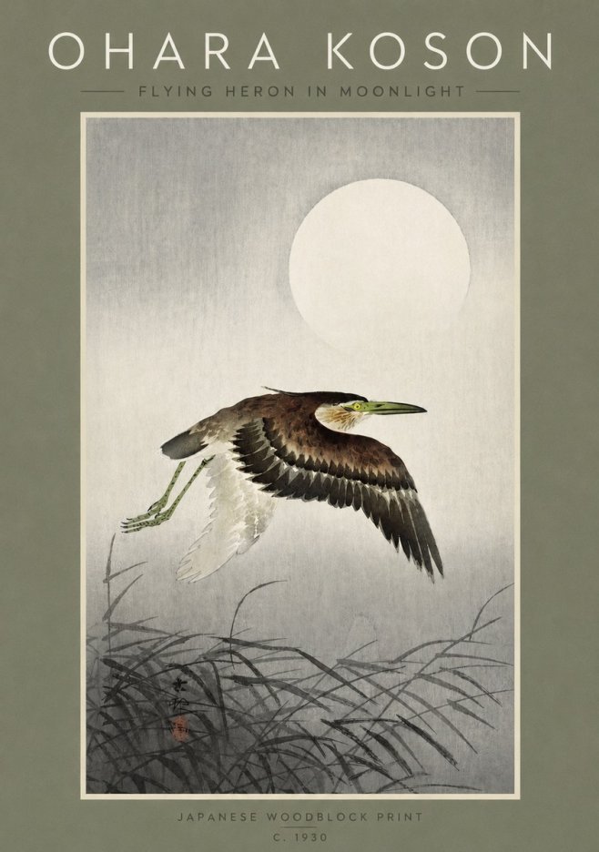 Ohara Koson Flying Heron in Moonlight No2 - Poster